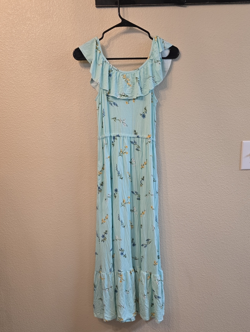 Light Aqua Floral Ruffle Maxi Dress